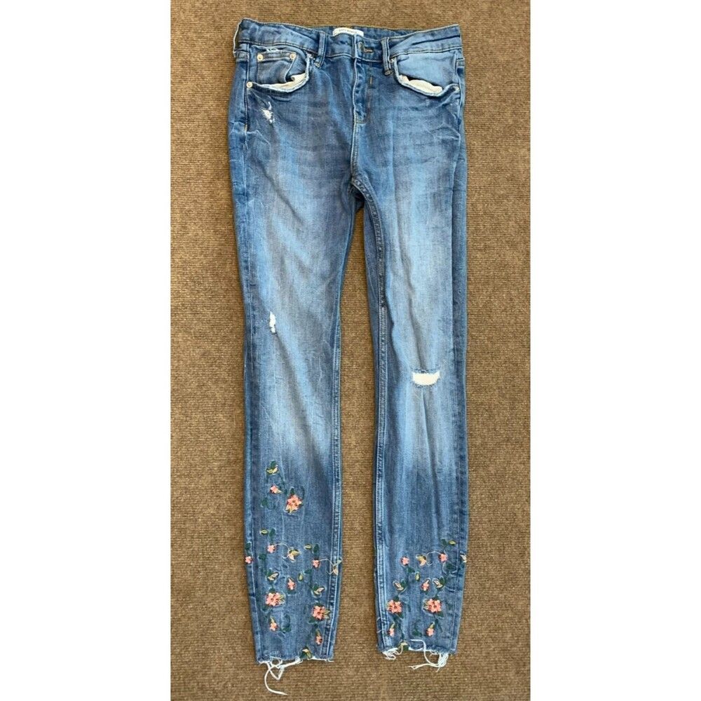 Zara Jeans Womens 4 Low Rise Embroidered Skinny Boho Raw Hem Distressed Denim